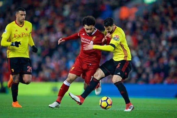 LIVERPOOL, ENGLAND - Saturday, March 17, 2018: Liverpool's Mohamed Salah and Watford's Miguel Britos during the FA Premier League match between Liverpool FC and Watford FC at Anfield. (Pic by David Rawcliffe/Propaganda)