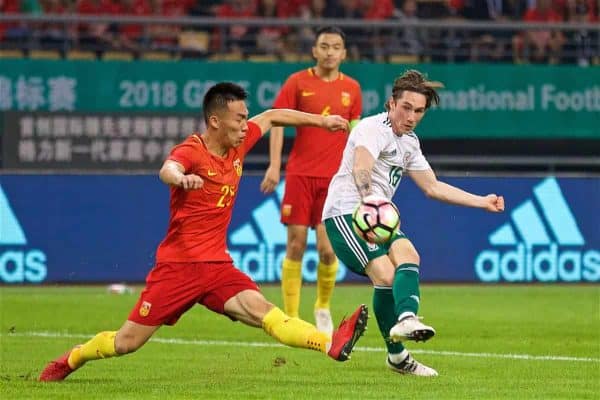 NANNING, CHINA - Thursday, March 22, 2018: Wales' Harry Wilson scores the fourth goal during the opening match of the 2018 Gree China Cup International Football Championship between China and Wales at the Guangxi Sports Centre. (Pic by David Rawcliffe/Propaganda)