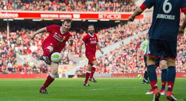 LIVERPOOL, ENGLAND - Saturday, March 24, 2018. Bjorn Tore Kvarme of Liverpool Legends scores making the score 5-5 during the LFC Foundation charity match between Liverpool FC Legends and FC Bayern Munich Legends at Anfield. (Pic by Peter Powell/Propaganda)