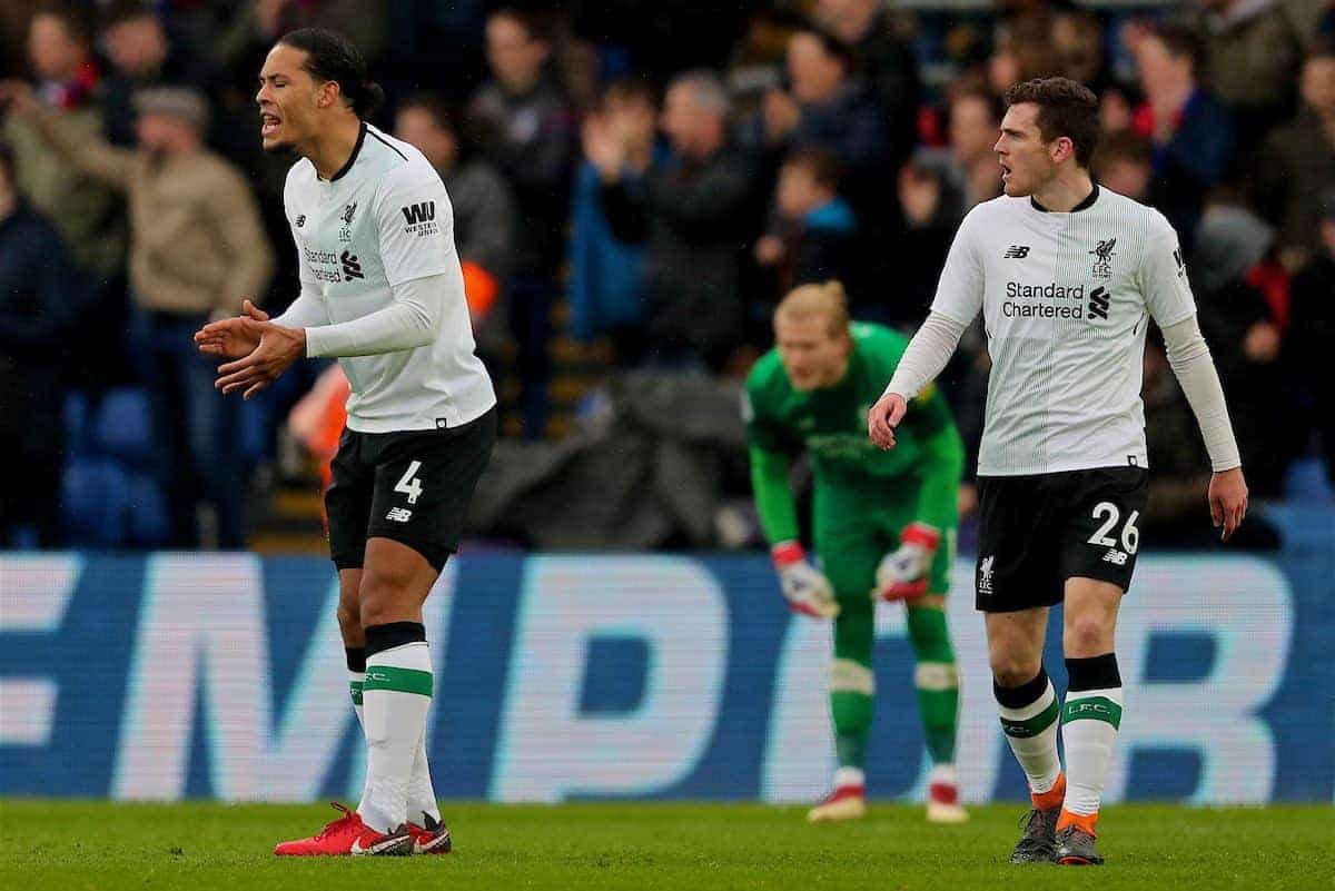 LONDON, ENGLAND - Saturday, March 31, 2018: Liverpool's Virgil van Dijk and Andy Robertson look dejected as Crystal Palace score the opening goal during the FA Premier League match between Crystal Palace FC and Liverpool FC at Selhurst Park. (Pic by Dave Shopland/Propaganda)