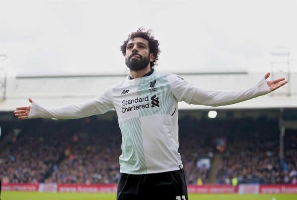 LONDON, ENGLAND - Saturday, March 31, 2018: Liverpool's Mohamed Salah celebrates scoring the winning second goal during the FA Premier League match between Crystal Palace FC and Liverpool FC at Selhurst Park. (Pic by Dave Shopland/Propaganda)