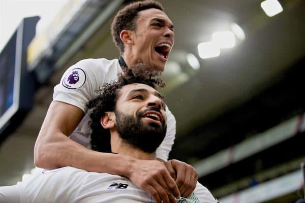 LONDON, ENGLAND - Saturday, March 31, 2018: Liverpool's Mohamed Salah celebrates scoring the winning second goal with team-mate Trent Alexander-Arnold during the FA Premier League match between Crystal Palace FC and Liverpool FC at Selhurst Park. (Pic by Dave Shopland/Propaganda)