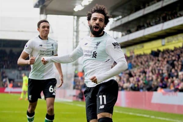 LONDON, ENGLAND - Saturday, March 31, 2018: Liverpool's Mohamed Salah celebrates scoring the winning second goal during the FA Premier League match between Crystal Palace FC and Liverpool FC at Selhurst Park. (Pic by Dave Shopland/Propaganda)