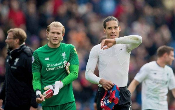 LONDON, ENGLAND - Saturday, March 31, 2018: Liverpool's goalkeeper Loris Karius and Virgil van Dijk after the 2-1 victory over Crystal Palace during the FA Premier League match between Crystal Palace FC and Liverpool FC at Selhurst Park. (Pic by Dave Shopland/Propaganda)