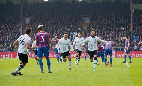LONDON, ENGLAND - Saturday, March 31, 2018: Liverpool's Mohamed Salah celebrates scoring the second goal during the FA Premier League match between Crystal Palace FC and Liverpool FC at Selhurst Park. (Pic by Dave Shopland/Propaganda)
