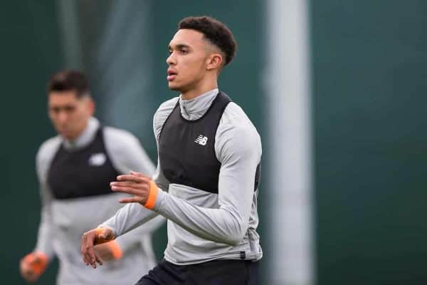 LIVERPOOL, ENGLAND - Tuesday, April 3, 2018: Liverpool's Trent Alexander-Arnold during a training session at Melwood Training Ground ahead of the UEFA Champions League Quarter-Final 1st Leg match between Liverpool FC and Manchester City FC. (Pic by Paul Greenwood/Propaganda)