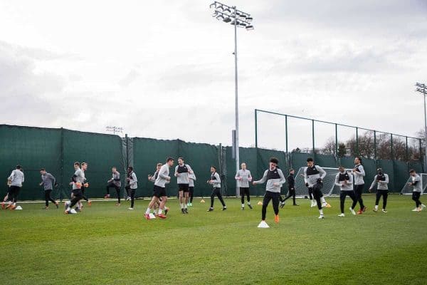 LIVERPOOL, ENGLAND - Tuesday, April 3, 2018: A general view of Liverpool's players during a training session at Melwood Training Ground ahead of the UEFA Champions League Quarter-Final 1st Leg match between Liverpool FC and Manchester City FC. (Pic by Paul Greenwood/Propaganda)