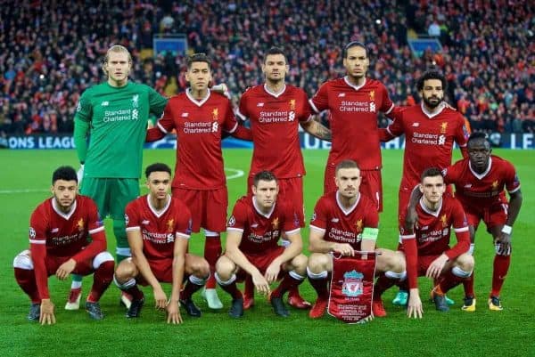 LIVERPOOL, ENGLAND - Wednesday, April 4, 2018: Liverpool's players line-up for a team group photograph before the UEFA Champions League Quarter-Final 1st Leg match between Liverpool FC and Manchester City FC at Anfield. Back row L-R: goalkeeper Loris Karius, Roberto Firmino, Dejan Lovren, Virgil van Dijk, Mohamed Salah. Front row L-R: Alex Oxlade-Chamberlain, Trent Alexander-Arnold, James Milner, captain Jordan Henderson, Andy Robertson, Sadio Mane. (Pic by David Rawcliffe/Propaganda)