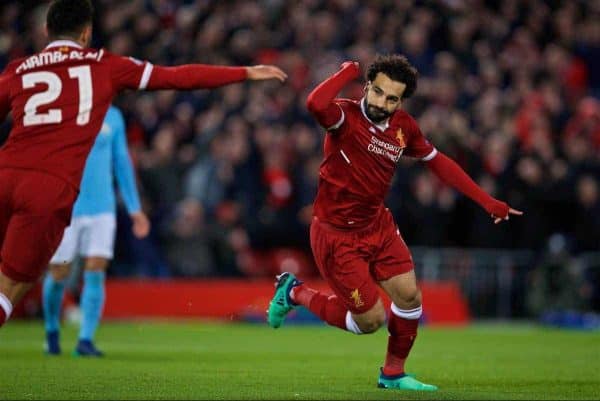 LIVERPOOL, ENGLAND - Wednesday, April 4, 2018: Liverpool's Mohamed Salah celebrates scoring the first goal during the UEFA Champions League Quarter-Final 1st Leg match between Liverpool FC and Manchester City FC at Anfield. (Pic by David Rawcliffe/Propaganda)