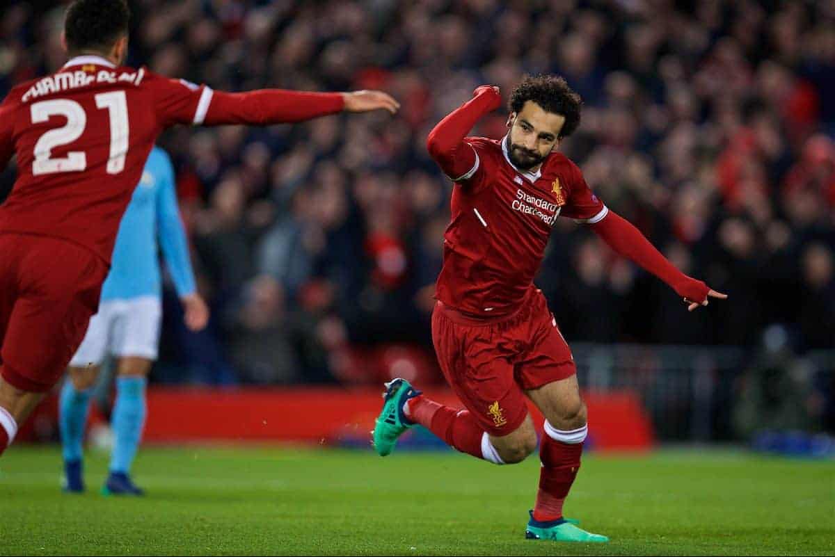 LIVERPOOL, ENGLAND - Wednesday, April 4, 2018: Liverpool's Mohamed Salah celebrates scoring the first goal during the UEFA Champions League Quarter-Final 1st Leg match between Liverpool FC and Manchester City FC at Anfield. (Pic by David Rawcliffe/Propaganda)