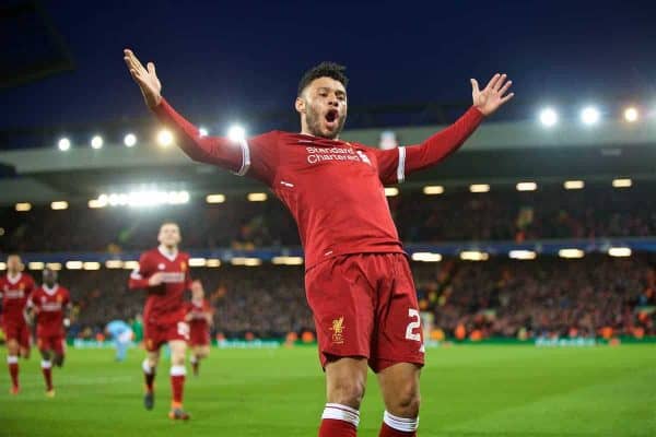 LIVERPOOL, ENGLAND - Wednesday, April 4, 2018: Liverpool's Alex Oxlade-Chamberlain celebrates scoring the second goal during the UEFA Champions League Quarter-Final 1st Leg match between Liverpool FC and Manchester City FC at Anfield. (Pic by David Rawcliffe/Propaganda)