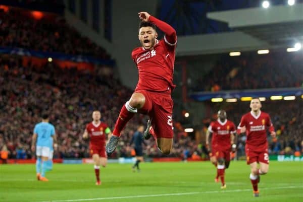 LIVERPOOL, ENGLAND - Wednesday, April 4, 2018: Liverpool's Alex Oxlade-Chamberlain celebrates scoring the second goal during the UEFA Champions League Quarter-Final 1st Leg match between Liverpool FC and Manchester City FC at Anfield. (Pic by David Rawcliffe/Propaganda)