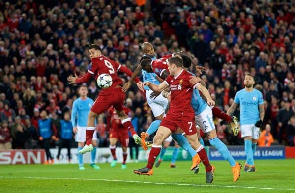LIVERPOOL, ENGLAND - Wednesday, April 4, 2018: Liverpool's Sadio Mane scores the third goal during the UEFA Champions League Quarter-Final 1st Leg match between Liverpool FC and Manchester City FC at Anfield. (Pic by David Rawcliffe/Propaganda)