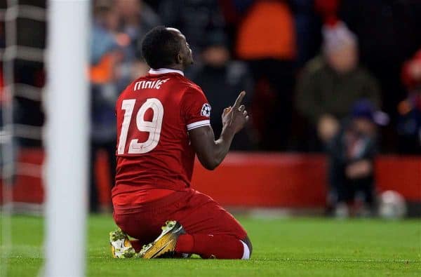 LIVERPOOL, ENGLAND - Wednesday, April 4, 2018: Liverpool's Sadio Mane celebrates scoring the third goal during the UEFA Champions League Quarter-Final 1st Leg match between Liverpool FC and Manchester City FC at Anfield. (Pic by David Rawcliffe/Propaganda)