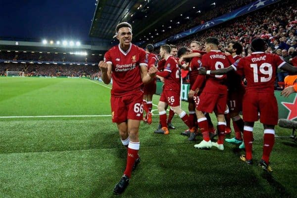 LIVERPOOL, ENGLAND - Wednesday, April 4, 2018: Liverpool's Trent Alexander-Arnold celebrates as Alex Oxlade-Chamberlain scores the third goal during the UEFA Champions League Quarter-Final 1st Leg match between Liverpool FC and Manchester City FC at Anfield. (Pic by David Rawcliffe/Propaganda)