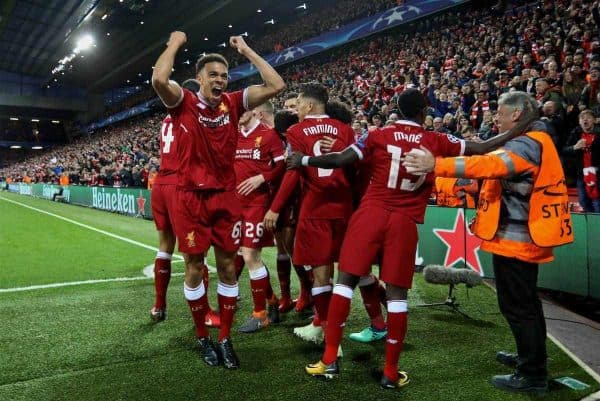 LIVERPOOL, ENGLAND - Wednesday, April 4, 2018: Liverpool's Trent Alexander-Arnold celebrates as Alex Oxlade-Chamberlain scores the third goal during the UEFA Champions League Quarter-Final 1st Leg match between Liverpool FC and Manchester City FC at Anfield. (Pic by David Rawcliffe/Propaganda)