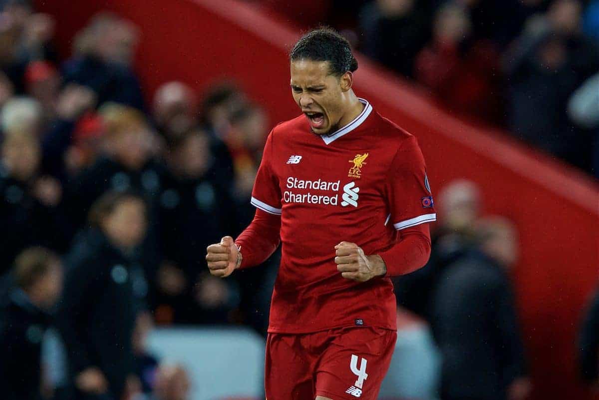 LIVERPOOL, ENGLAND - Wednesday, April 4, 2018: Liverpool's Virgil van Dijk celebrates the 3-0 victory after the UEFA Champions League Quarter-Final 1st Leg match between Liverpool FC and Manchester City FC at Anfield. (Pic by David Rawcliffe/Propaganda)