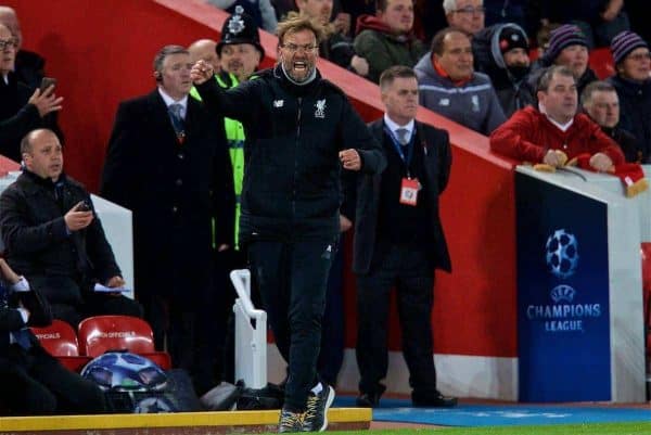 LIVERPOOL, ENGLAND - Wednesday, April 4, 2018: Liverpool's manager Jürgen Klopp celebrates the 3-0 victory after the UEFA Champions League Quarter-Final 1st Leg match between Liverpool FC and Manchester City FC at Anfield. (Pic by David Rawcliffe/Propaganda)