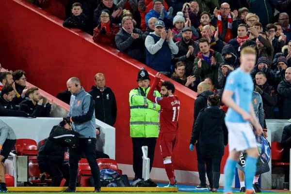 LIVERPOOL, ENGLAND - Wednesday, April 4, 2018: Liverpool's Mohamed Salah goes off injured during the UEFA Champions League Quarter-Final 1st Leg match between Liverpool FC and Manchester City FC at Anfield. (Pic by David Rawcliffe/Propaganda)