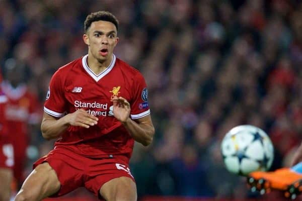 LIVERPOOL, ENGLAND - Wednesday, April 4, 2018: Liverpool's Trent Alexander-Arnold during the UEFA Champions League Quarter-Final 1st Leg match between Liverpool FC and Manchester City FC at Anfield. (Pic by David Rawcliffe/Propaganda)