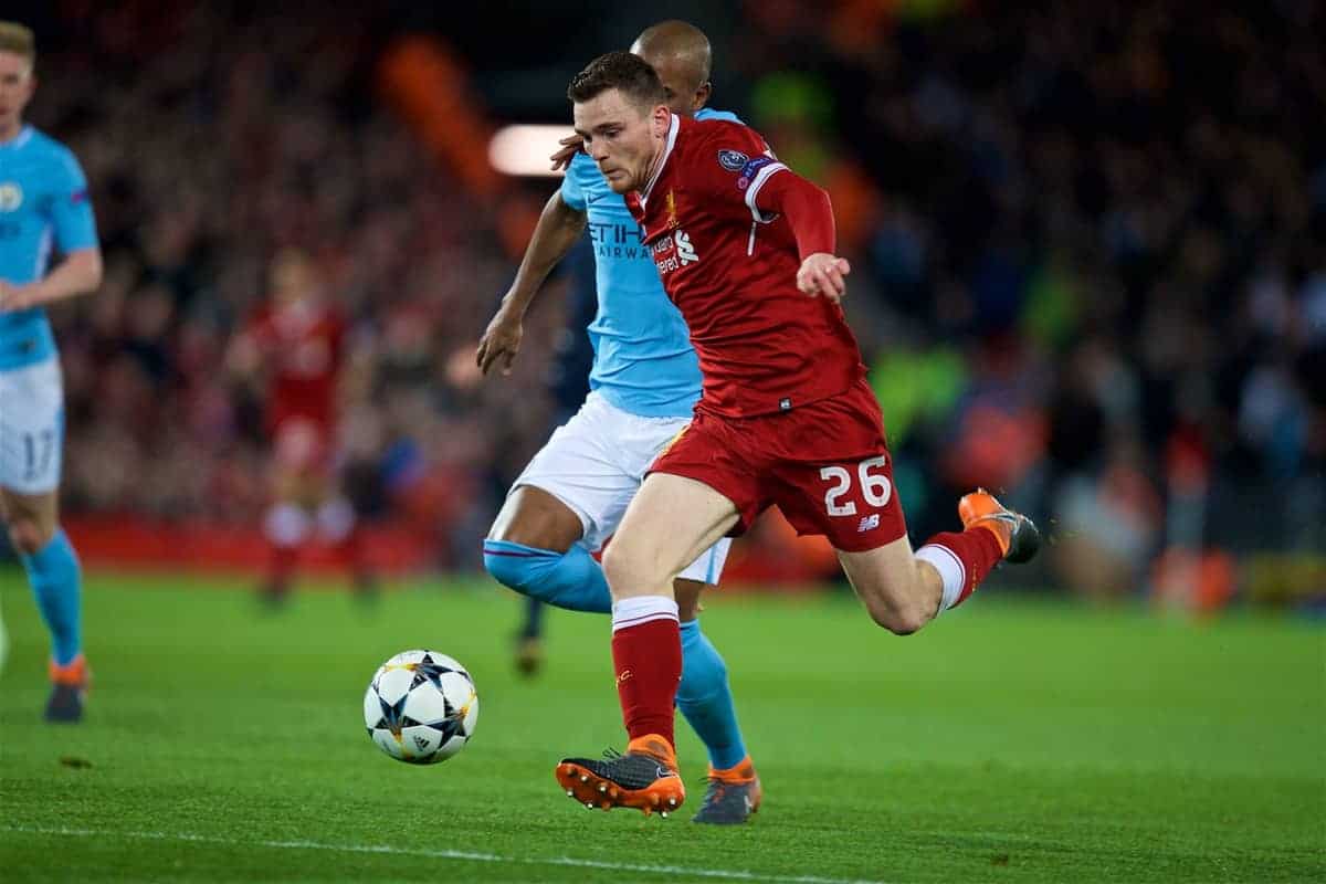 LIVERPOOL, ENGLAND - Wednesday, April 4, 2018: Liverpool's Andy Robertson during the UEFA Champions League Quarter-Final 1st Leg match between Liverpool FC and Manchester City FC at Anfield. (Pic by David Rawcliffe/Propaganda)