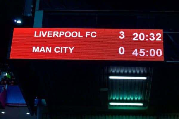 LIVERPOOL, ENGLAND - Wednesday, April 4, 2018: Liverpool's scoreboard records the Reds winning 3-0 at half-time during the UEFA Champions League Quarter-Final 1st Leg match between Liverpool FC and Manchester City FC at Anfield. (Pic by David Rawcliffe/Propaganda)