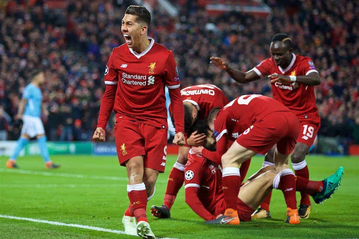 LIVERPOOL, ENGLAND - Wednesday, April 4, 2018: Liverpool's Roberto Firmino celebrates the first goal scored by Mohamed Salah during the UEFA Champions League Quarter-Final 1st Leg match between Liverpool FC and Manchester City FC at Anfield. (Pic by David Rawcliffe/Propaganda)