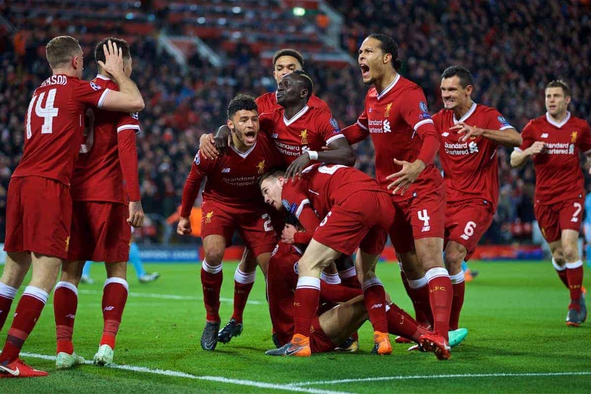 LIVERPOOL, ENGLAND - Wednesday, April 4, 2018: Liverpool's Mohamed Salah celebrates scoring the first goal with team-mates during the UEFA Champions League Quarter-Final 1st Leg match between Liverpool FC and Manchester City FC at Anfield. Alex Oxlade-Chamberlain, Sadio Mane, Virgil van Dijk, Andy Robertson, Dejan Lovren. (Pic by David Rawcliffe/Propaganda)