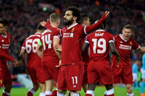 LIVERPOOL, ENGLAND - Wednesday, April 4, 2018: Liverpool's Mohamed Salah celebrates scoring the first goal during the UEFA Champions League Quarter-Final 1st Leg match between Liverpool FC and Manchester City FC at Anfield. (Pic by David Rawcliffe/Propaganda)