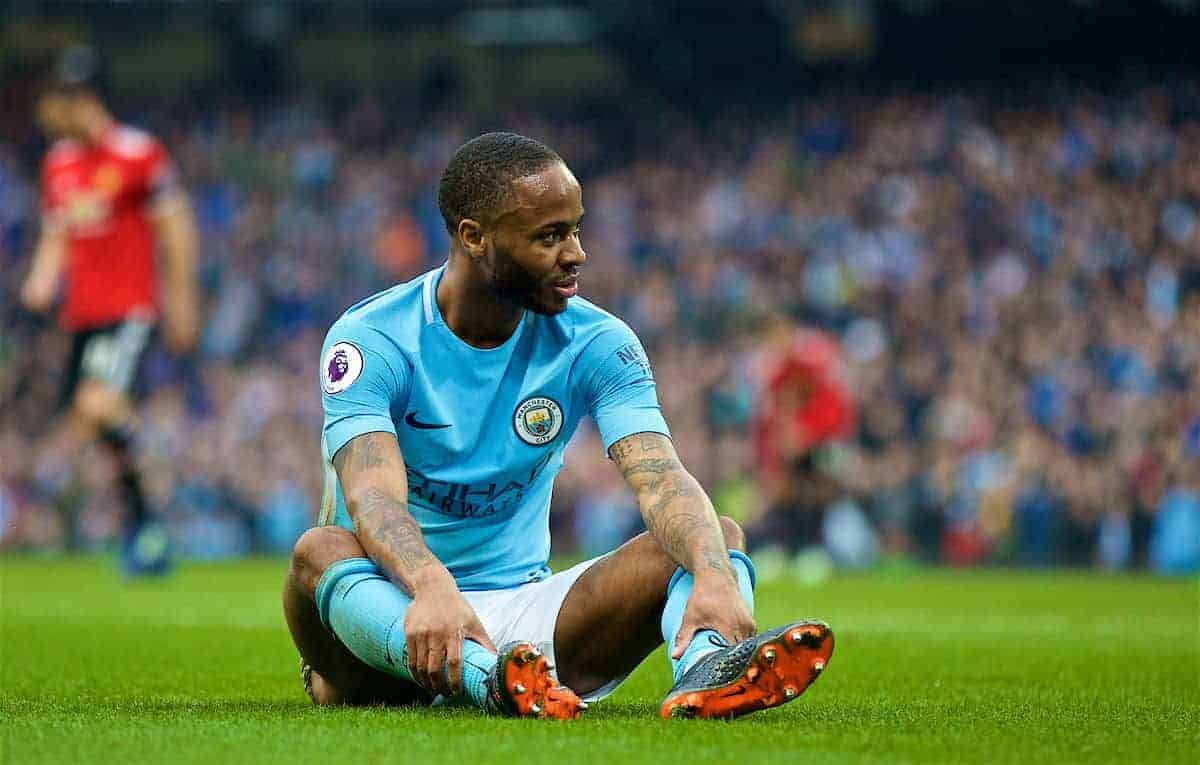 MANCHESTER, ENGLAND - Saturday, April 7, 2018: Manchester City's Raheem Sterling looks dejected after missing a chance during the FA Premier League match between Manchester City FC and Manchester United FC at the City of Manchester Stadium. (Pic by David Rawcliffe/Propaganda)