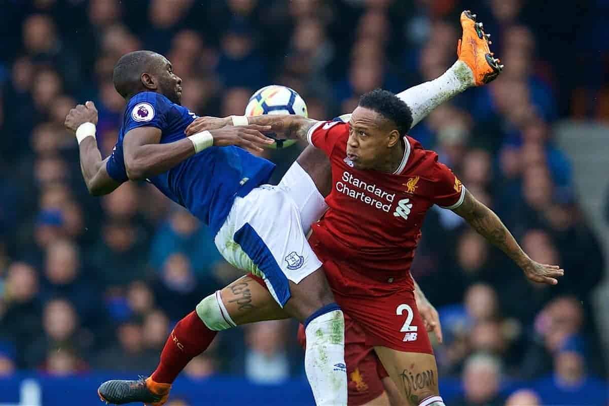 LIVERPOOL, ENGLAND - Saturday, April 7, 2018: Liverpool's Nathaniel Clyne and Everton's Yannick Bolasie during the FA Premier League match between Everton and Liverpool, the 231st Merseyside Derby, at Goodison Park. (Pic by David Rawcliffe/Propaganda)