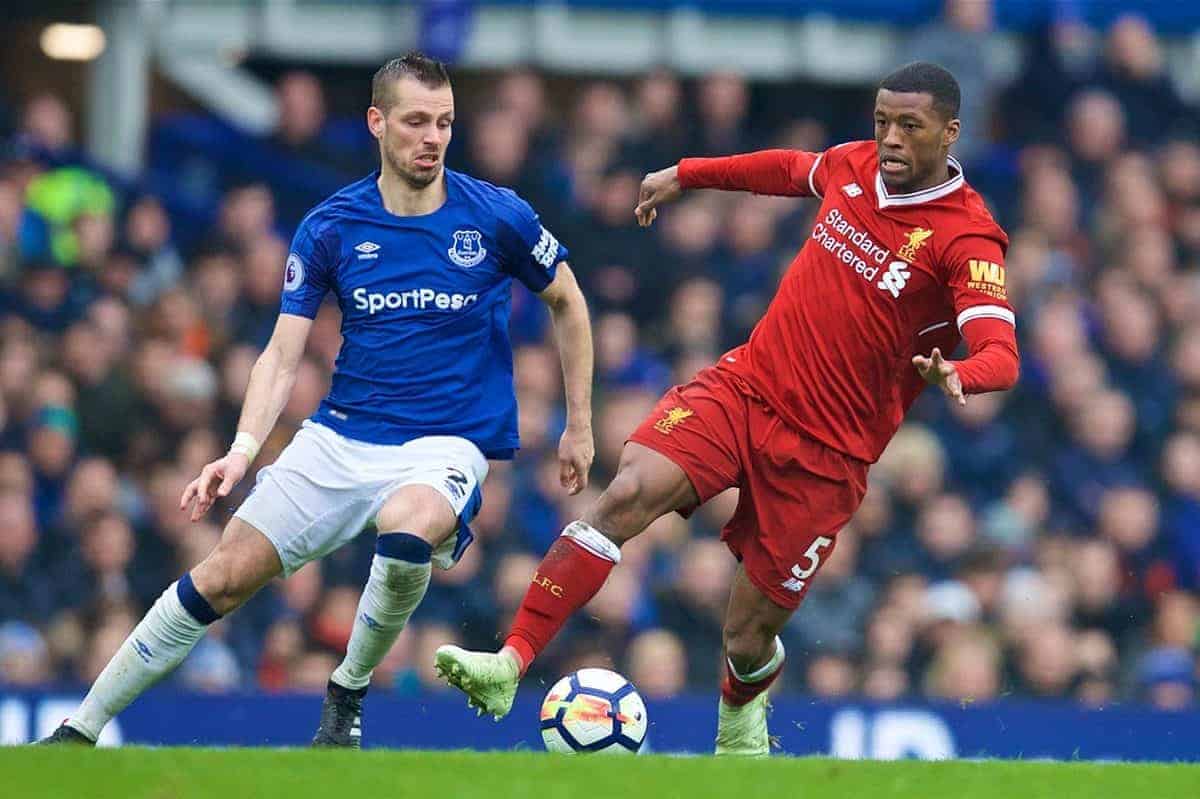 LIVERPOOL, ENGLAND - Saturday, April 7, 2018: Liverpool's Georginio Wijnaldum and Everton's Morgan Schneiderlin during the FA Premier League match between Everton and Liverpool, the 231st Merseyside Derby, at Goodison Park. (Pic by David Rawcliffe/Propaganda)