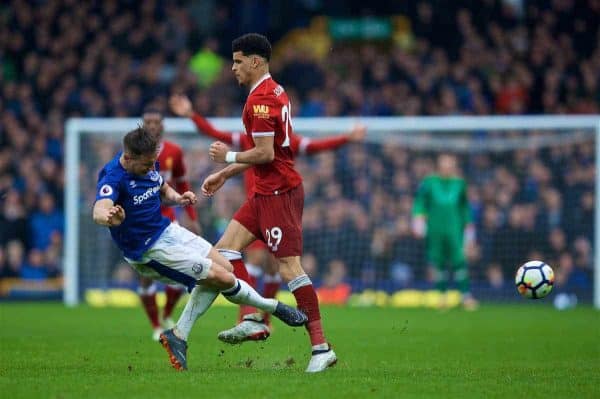 LIVERPOOL, ENGLAND - Saturday, April 7, 2018: Liverpool's Dominic Solanke is tackled by Everton's Morgan Schneiderlin during the FA Premier League match between Everton and Liverpool, the 231st Merseyside Derby, at Goodison Park. (Pic by David Rawcliffe/Propaganda)