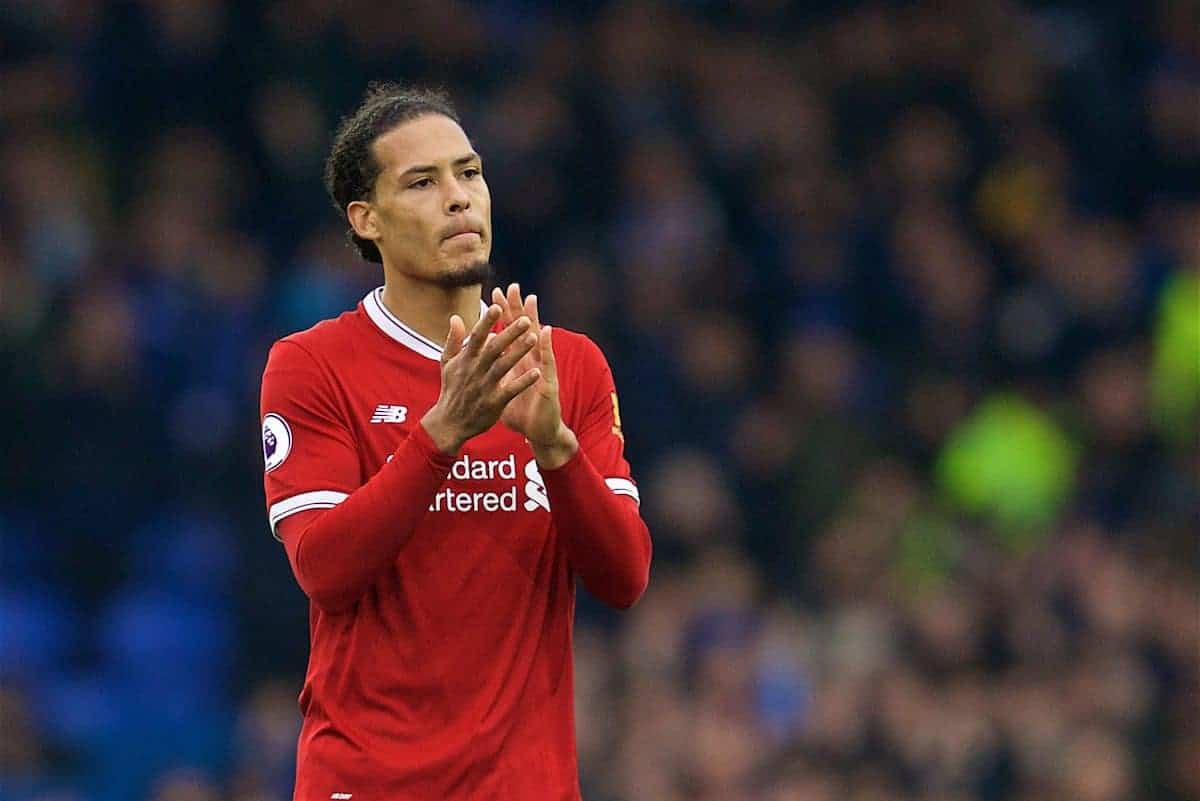 LIVERPOOL, ENGLAND - Saturday, April 7, 2018: Liverpool's Virgil van Dijk during the FA Premier League match between Everton and Liverpool, the 231st Merseyside Derby, at Goodison Park. (Pic by David Rawcliffe/Propaganda)