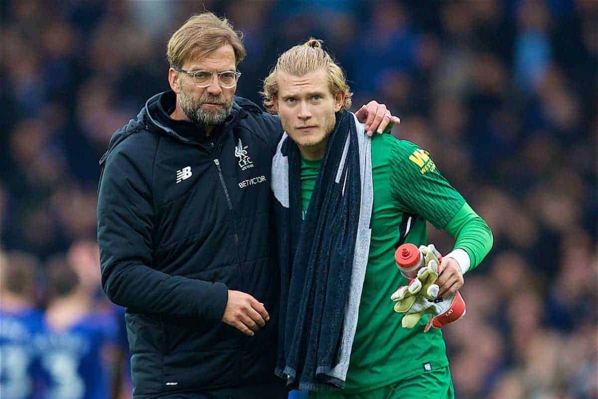 LIVERPOOL, ENGLAND - Saturday, April 7, 2018: Liverpool's manager Jürgen Klopp and goalkeeper Loris Karius after the FA Premier League match between Everton and Liverpool, the 231st Merseyside Derby, at Goodison Park. (Pic by David Rawcliffe/Propaganda)