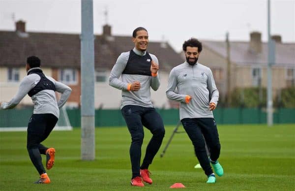 LIVERPOOL, ENGLAND - Monday, April 9, 2018: Liverpool's Virgil van Dijk and Mohamed Salah during a training session at Melwood Training Ground ahead of the UEFA Champions League Quarter-Final 2nd Leg match between Manchester City FC and Liverpool FC. (Pic by David Rawcliffe/Propaganda)