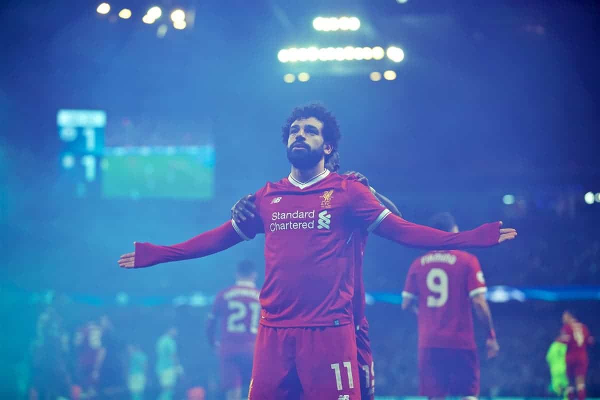 MANCHESTER, ENGLAND - Tuesday, April 10, 2018: Liverpool's Mohamed Salah celebrates scoring the first goal to equalise and make the score 1-1 during the UEFA Champions League Quarter-Final 2nd Leg match between Manchester City FC and Liverpool FC at the City of Manchester Stadium. (Pic by David Rawcliffe/Propaganda)