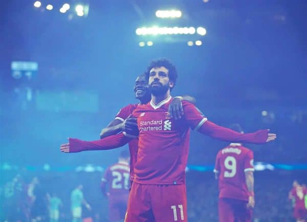 MANCHESTER, ENGLAND - Tuesday, April 10, 2018: Liverpool's Mohamed Salah celebrates scoring the first goal to equalise and make the score 1-1 during the UEFA Champions League Quarter-Final 2nd Leg match between Manchester City FC and Liverpool FC at the City of Manchester Stadium. (Pic by David Rawcliffe/Propaganda)