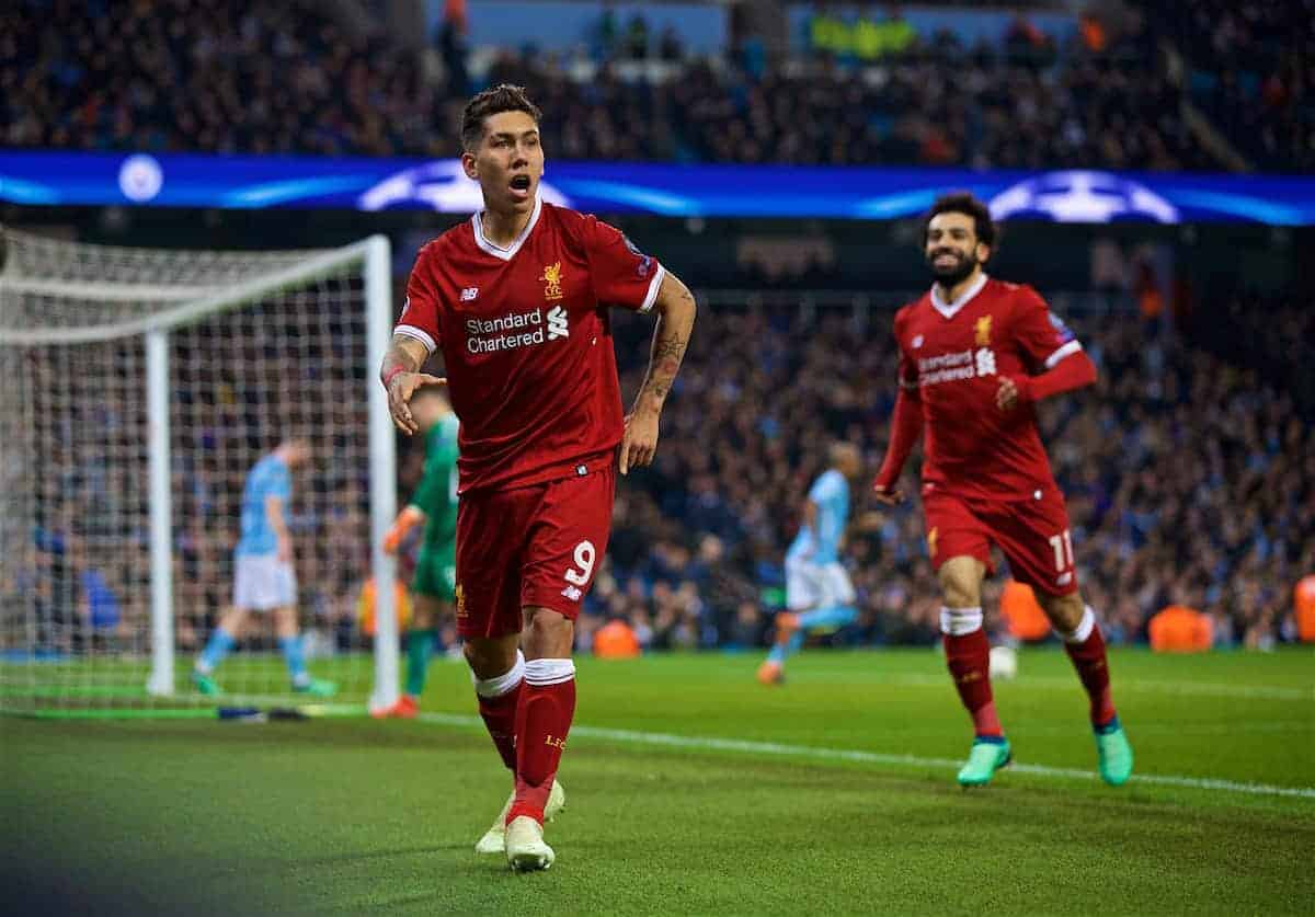 MANCHESTER, ENGLAND - Tuesday, April 10, 2018: Liverpool's Roberto Firmino celebrates scoring the second goal during the UEFA Champions League Quarter-Final 2nd Leg match between Manchester City FC and Liverpool FC at the City of Manchester Stadium. (Pic by David Rawcliffe/Propaganda)