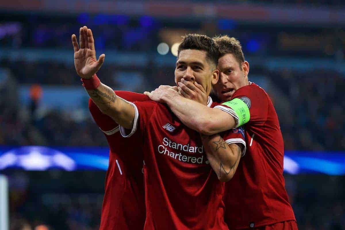 MANCHESTER, ENGLAND - Tuesday, April 10, 2018: Liverpool's Roberto Firmino (centre) celebrates scoring the second goal with team-mate James Milner (right) during the UEFA Champions League Quarter-Final 2nd Leg match between Manchester City FC and Liverpool FC at the City of Manchester Stadium. (Pic by David Rawcliffe/Propaganda)