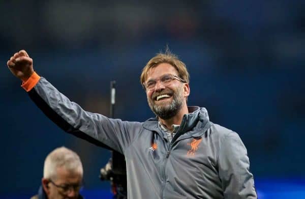 MANCHESTER, ENGLAND - Tuesday, April 10, 2018: Liverpool's manager Jürgen Klopp celebrates after the 2-1 (5-1 aggregate) victory over Manchester City during the UEFA Champions League Quarter-Final 2nd Leg match between Manchester City FC and Liverpool FC at the City of Manchester Stadium. (Pic by David Rawcliffe/Propaganda)