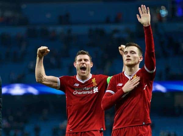 MANCHESTER, ENGLAND - Tuesday, April 10, 2018: Liverpool's captain James Milner (left) and Andy Robertson (right) celebrates after the 2-1 (5-1 aggregate) victory over Manchester City during the UEFA Champions League Quarter-Final 2nd Leg match between Manchester City FC and Liverpool FC at the City of Manchester Stadium. (Pic by David Rawcliffe/Propaganda)