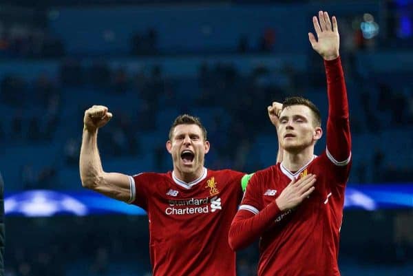 MANCHESTER, ENGLAND - Tuesday, April 10, 2018: Liverpool's captain James Milner (left) and Andy Robertson (right) celebrates after the 2-1 (5-1 aggregate) victory over Manchester City during the UEFA Champions League Quarter-Final 2nd Leg match between Manchester City FC and Liverpool FC at the City of Manchester Stadium. (Pic by David Rawcliffe/Propaganda)