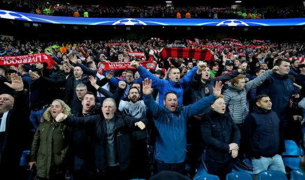 MANCHESTER, ENGLAND - Tuesday, April 10, 2018: Liverpool supporters celebrates after the 2-1 (5-1 aggregate) victory over Manchester City during the UEFA Champions League Quarter-Final 2nd Leg match between Manchester City FC and Liverpool FC at the City of Manchester Stadium. (Pic by David Rawcliffe/Propaganda)