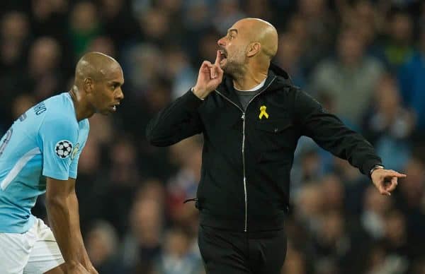 MANCHESTER, ENGLAND - Tuesday, April 10, 2018: Pep Guardiola manager of Manchester City reacts as the half time whistle is blown during the UEFA Champions League Quarter-Final 2nd Leg match between Manchester City FC and Liverpool FC at the City of Manchester Stadium. (Pic by Peter Powell/Propaganda)