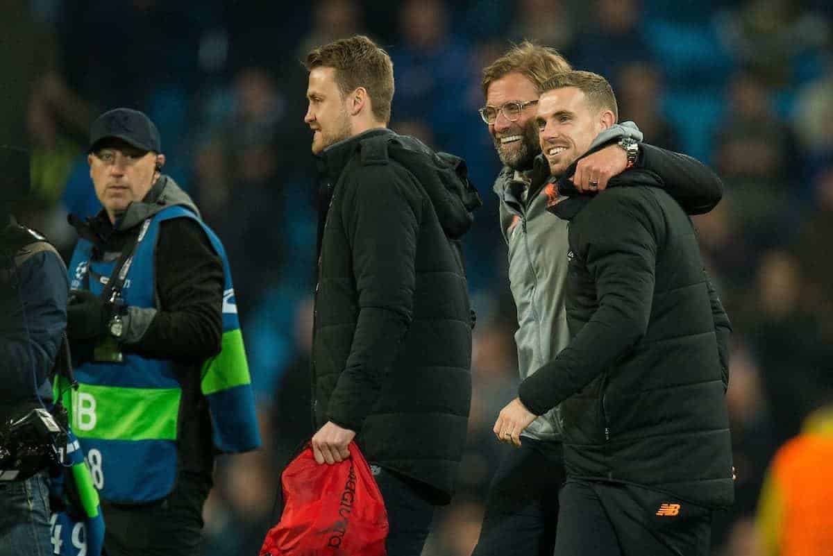 MANCHESTER, ENGLAND - Tuesday, April 10, 2018:Jurgen Klopp manager of Liverpool reacts with Jordan Henderson after winning the UEFA Champions League Quarter-Final 2nd Leg match between Manchester City FC and Liverpool FC at the City of Manchester Stadium. (Pic by Peter Powell/Propaganda)