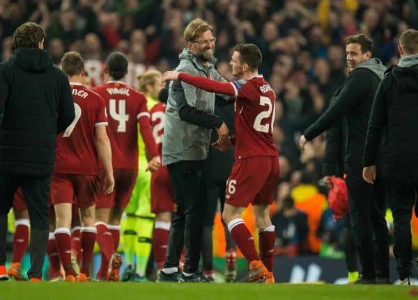 MANCHESTER, ENGLAND - Tuesday, April 10, 2018: Jurgen Klopp manager of Liverpool (L) reacts with Andrew Robertson of Liverpool (R) after the UEFA Champions League Quarter-Final 2nd Leg match between Manchester City FC and Liverpool FC at the City of Manchester Stadium. (Pic by Peter Powell/Propaganda)