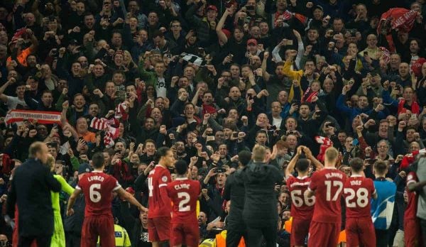 MANCHESTER, ENGLAND - Tuesday, April 10, 2018: The Liverpool fans react after the UEFA Champions League Quarter-Final 2nd Leg match between Manchester City FC and Liverpool FC at the City of Manchester Stadium. (Pic by Peter Powell/Propaganda)