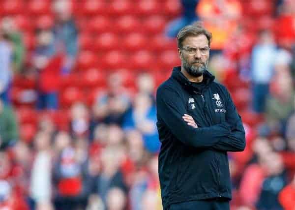 LIVERPOOL, ENGLAND - Saturday, April 14, 2018: Liverpool's manager Jürgen Klopp during the pre-match warm-up before the FA Premier League match between Liverpool FC and AFC Bournemouth at Anfield. (Pic by Laura Malkin/Propaganda)