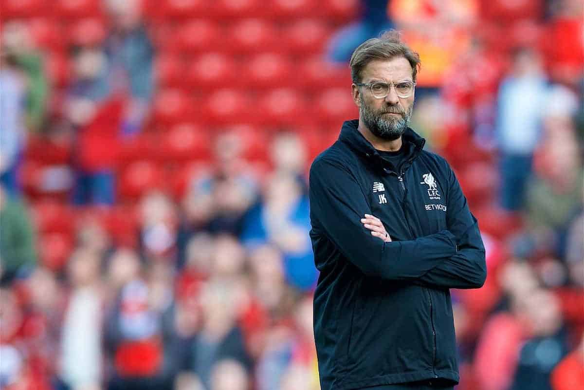 LIVERPOOL, ENGLAND - Saturday, April 14, 2018: Liverpool's manager Jürgen Klopp during the pre-match warm-up before the FA Premier League match between Liverpool FC and AFC Bournemouth at Anfield. (Pic by Laura Malkin/Propaganda)